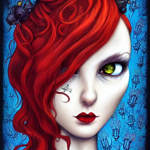 Prompt: Portrait of a beautiful Woman with red hair, eyes made of spiders by Tim Shumate by Chris Mars