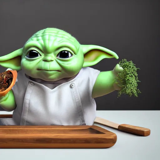 Prompt: curious mouth agape innocent tiny overweight chubby baby yoda as chef wearing white chefs hat and white apron, offering a plate of food, vegetables, photography, hyperrealism, unreal engine, octane 3 d render, houdini, unity 3 d, highres, adobe premier pro, trending on artstation, trending on deviantart