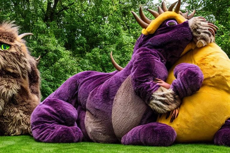 Prompt: Giant monster loafing in the backyard. Brown and purple fur, yellow claws and teeth, green eyes, curled horns, relaxed demeanor. A young couple relaxes next to the monster, snuggled up to its fur.