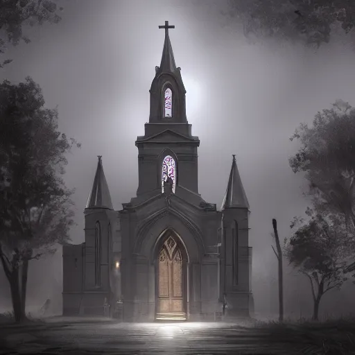 Image similar to victorian church in the middle of the city, dark, misty, at night, 8 k, detailed, concept art, trending on artstation