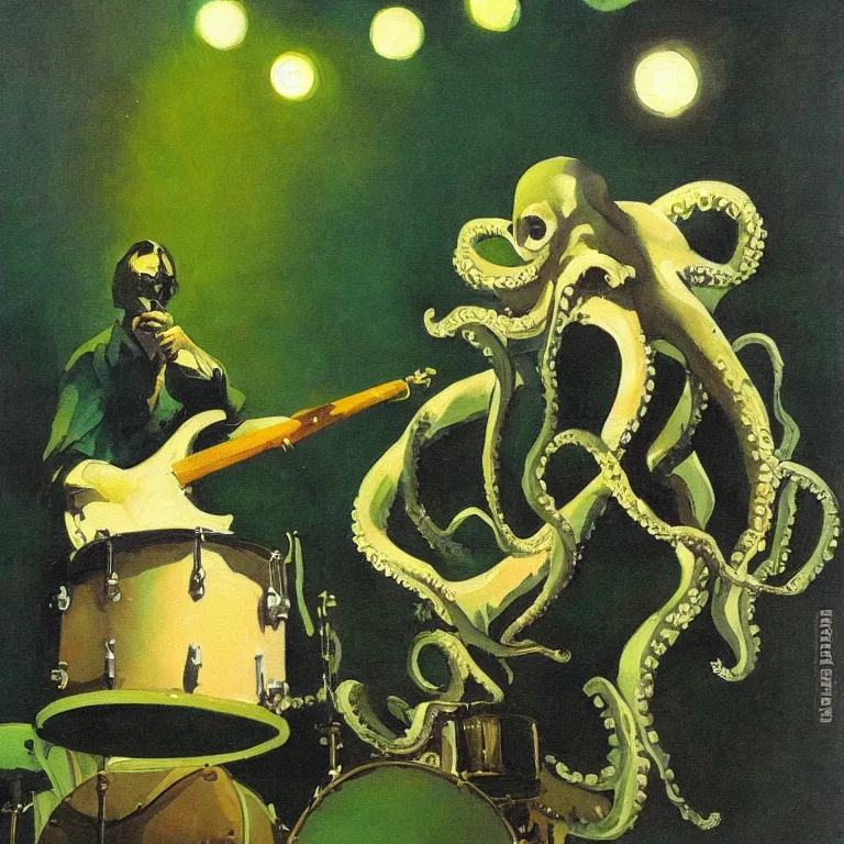 Prompt: a beautiful painting by mead schaeffer of an octopus playing drums and telecaster guitar in a rock concert, dark background, green concert light, dark mood