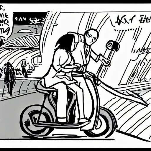 Prompt: a drawing of a man and a woman riding a scooter, a comic book panel by hiromu arakawa, featured on pixiv, tachisme, rtx, anime, art