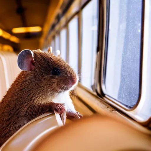 Image similar to photo of a train interior, a brown hamster is sitting on a seat, various poses, unedited, soft light, sharp focus, 8 k