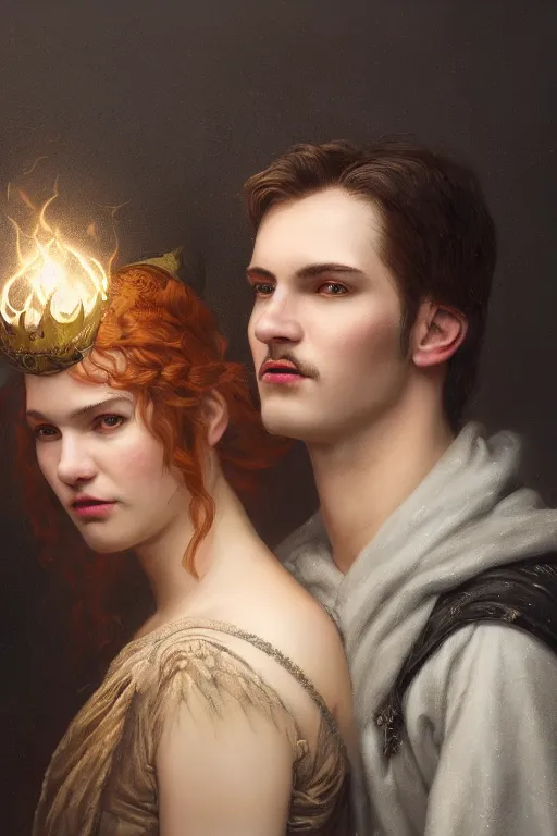 Prompt: a portrait of handsome young male nordic Satan wearing a subtle crown of light and his elegant beautiful nordic cultist wife, bored, illustration, dramatic lighting, soft details, painting oil on canvas, art nouveau, octane render, HDR, 4k, 8k, HD, by Edmund Blair Leighton, Brom, Charlie Bowater, trending on artstation, faces by Tom Bagshaw, Sargent