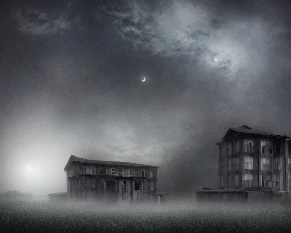 Prompt: midnight, the moon obscured by clouds, the dilapidated school, the dark unknown huddled in the corner gradually pouring out, mist, cg, ue 5 rendering