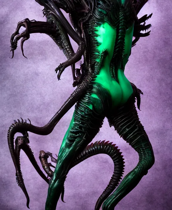 Image similar to xenomorph queen goth model hybrid, dragon eggs, dark emerald mist colors, giger background liminal void, cinematic lighting, realistic, award winning photograph, various refining methods, micro macro autofocus