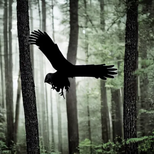 Image similar to humanoid crow, werecreature, photograph captured in a forest