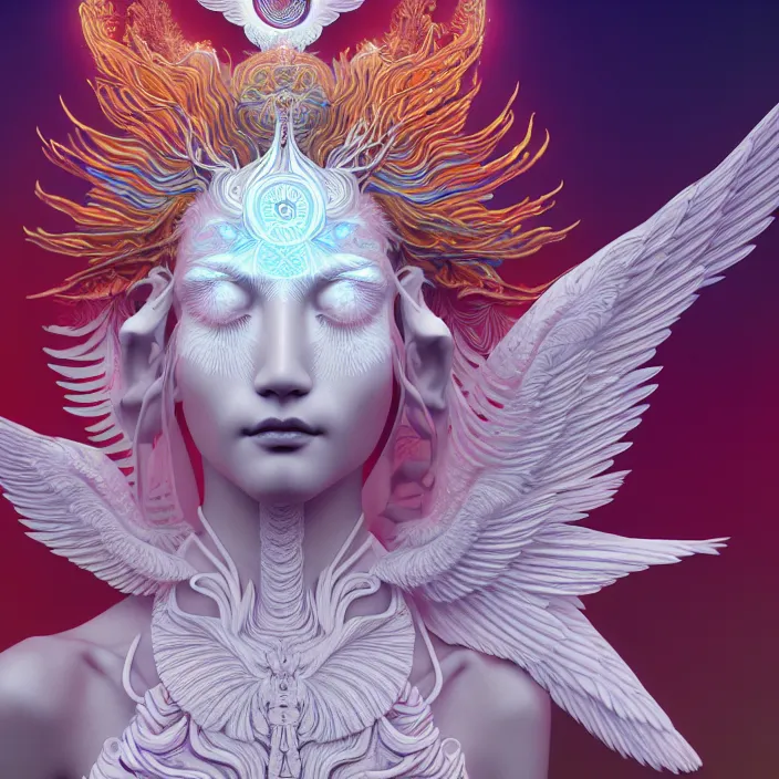 Image similar to stylized art of an psychedelic angelic celestial being by jung gi kim, trending on artstation, winged head, white gold skin, ayahuasca, sacred geometry, esoteric art, watercolor, octane render 8 k