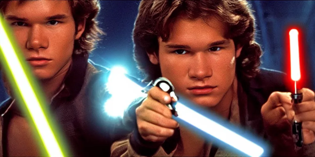 Image similar to a full color still of a teenaged Han Solo holding a lightsaber hilt, cinematic lighting, 1999, directed by Steven Spielberg, 35mm