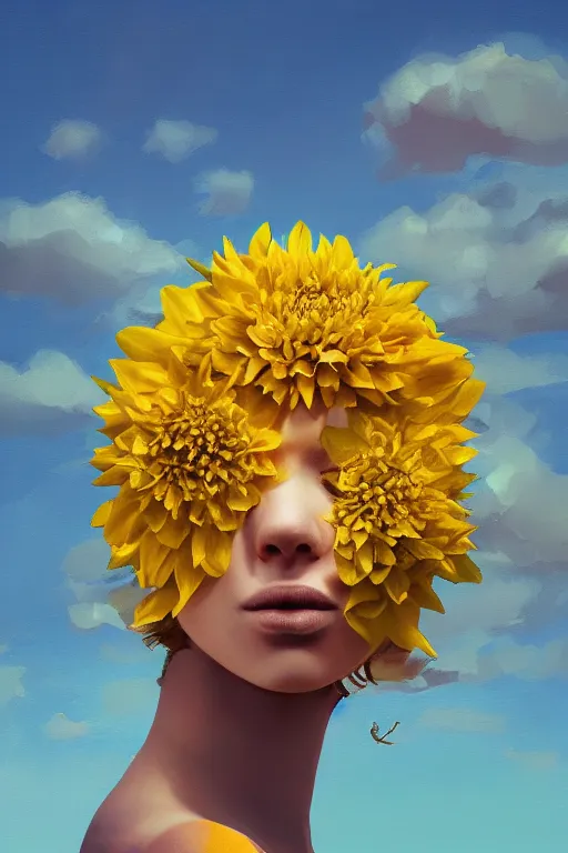 Image similar to closeup girl with huge yellow dahlia flower on face, on beach, surreal photography, blue sky, sunrise, dramatic light, impressionist painting, digital painting, artstation, simon stalenhag