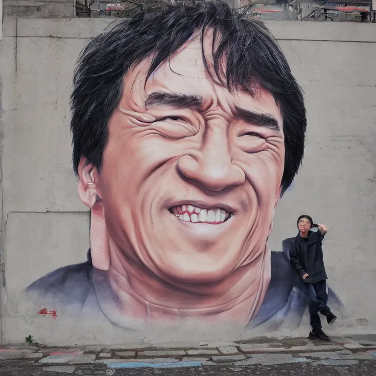 Image similar to Street-art full-body portrait of Jackie Chan in style of Etam Cru, photorealism