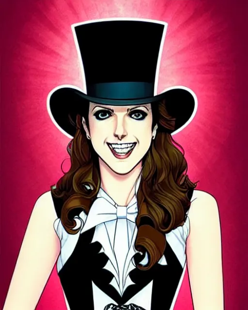 Image similar to beautiful Anna Kendrick Zatanna DC Comics floating on stage, wearing a top hat, symmetrical face symmetrical eyes, smiling, fantasy, intricate details, atmospheric, art by eiichiro oda, Joshua Middleton art