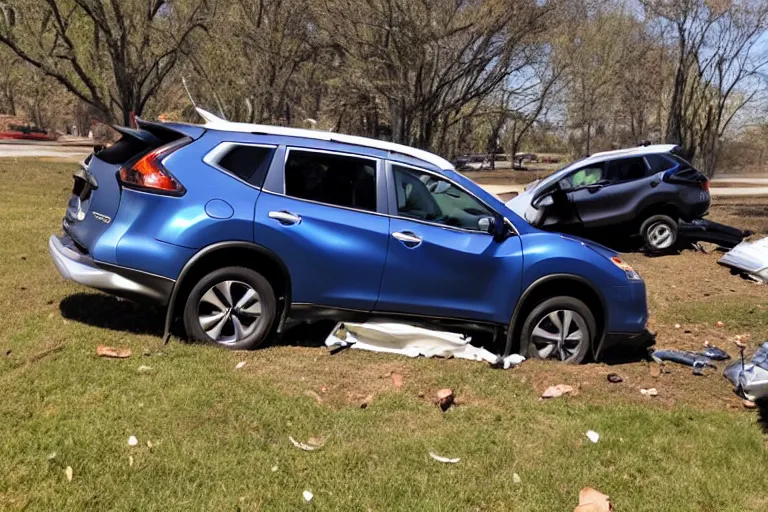 Prompt: crashed 2017 nissan rogue on it's side, flipping, osu cowboys sticker on back windshield