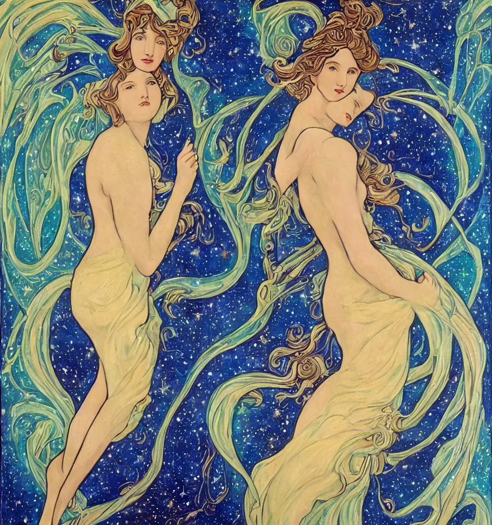 Image similar to an oil painting in the style of art nouveau of a goddess in galactic space