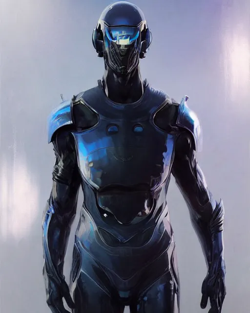Image similar to character concept of iridescent sinewy smooth defined muscular male sleek glossy indigo black pearlescent scifi armor with continuous smooth black featureless helmet, by greg rutkowski, mark brookes, jim burns, tom bagshaw, magali villeneuve, trending on artstation