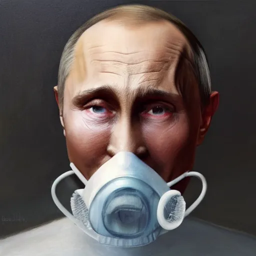 Prompt: a very hyperrealistic oil painting of ill Vladimir Putin as a patient wearing an oxygen mask lying in bed inhaling white clubs of smoke from Copium tank that stand near his bed, visible face, dimly lit cozy tavern, leather tunic, confident relaxed pose, d&d, stunning 3d render inspired art by Tim Okamura and Lise Deharme + perfect facial symmetry + dim volumetric lighting, 8k octane beautifully detailed render, post-processing, extremely hyperdetailed, intricate, epic composition, grim yet sparkling atmosphere, cinematic lighting + masterpiece, trending on artstation, very very detailed, masterpiece, stunning