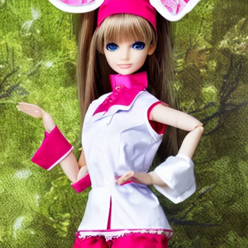 Image similar to anime barbie doll, nurse costume, full length, high heels, lace, stockings, rim of leather hare ears on the head, detail, full nd