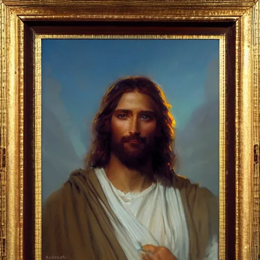 Image similar to Jesus portrait, thirst trap style, painting by Gaston Bussiere, Craig Mullins