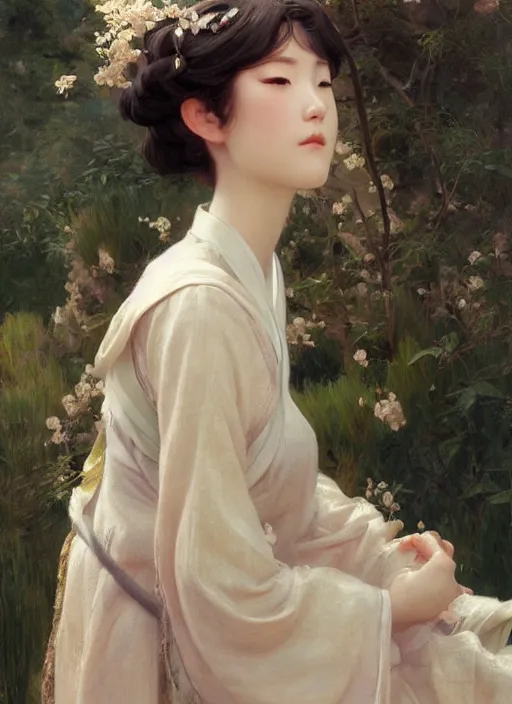 Prompt: detailed portrait of serene anime girl gwen wearing hanfu, closed eyes, natural light, painting by gaston bussiere, craig mullins, j. c. leyendecker