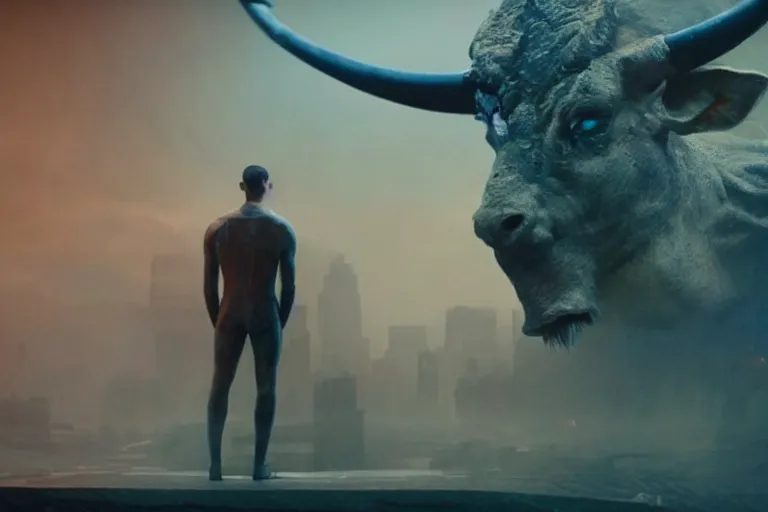 Prompt: humanoid minotaur in the movie bladerunner 2 0 4 9. cinematic wide shot in the style of cyber punk