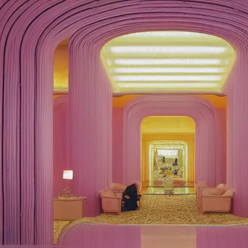 Prompt: a high definition, upscale pastel coloured kodak photograph from a holiday photo album. the photo is a medium frame, 5 0 mm depicting the interior of an elaborate and luxurious alien hotel lobby, furniture and view. the interior was designed by wes anderson. iridescent, transparent corrugated glass, pink concrete, foam. 8 k. architectural. interior.