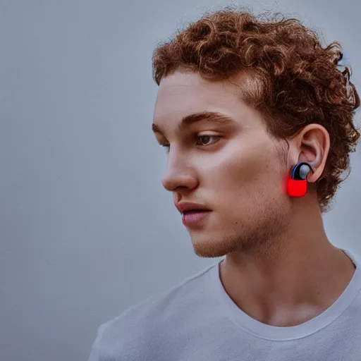 Image similar to white teenager with curly blonde hair red t shirt airpods attractive, high - quality photo realistic highly detailed high - quality 8 k