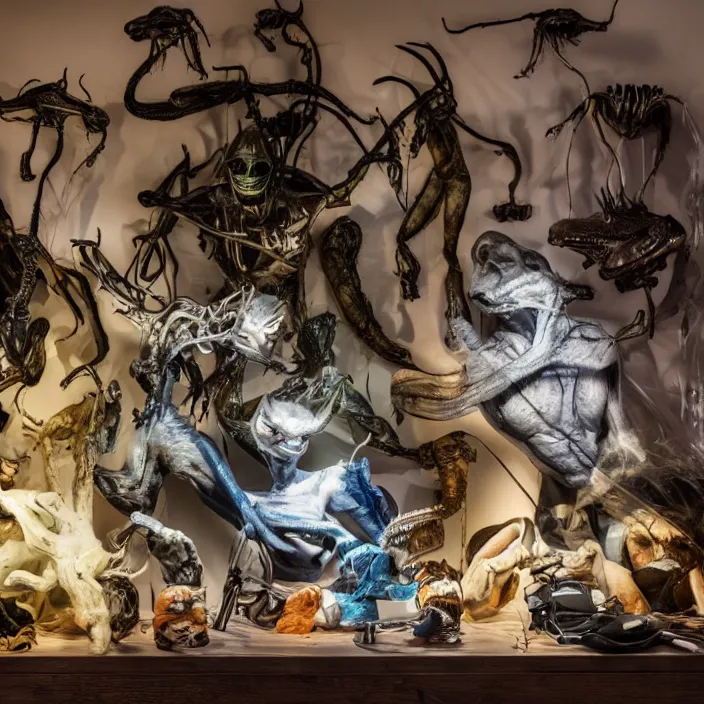 Image similar to an alien taxidermy display, studio lighting