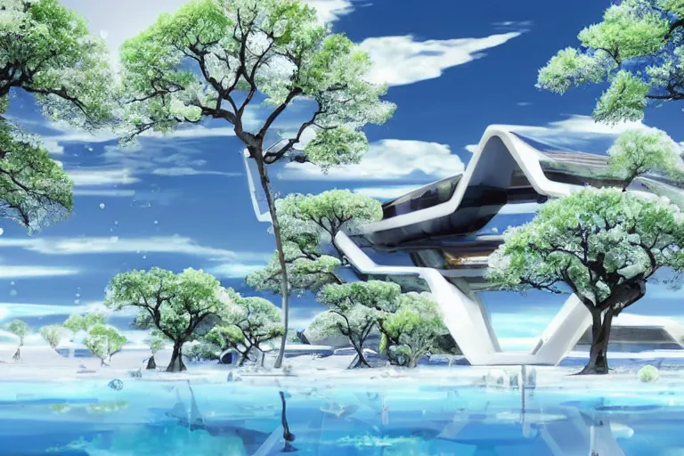 Prompt: futuristic luxurios chic Japanese house with Singaporean lush sakura trees, white and royal blue theme, sakura season, advanced, expensive architecture, elegant, at Salar De Uyuni with Hexagonal formations on the surface of salt crystallization, sandwiched between sedimentary deposits, bubbling geysers, marvellous reflection of the sky, digital painting, concept art, smooth, sharp focus, from Star Trek 2021, illustration, by WLOP and Ruan Jia and Mandy Jurgens and William-Adolphe Bouguereau, Artgerm