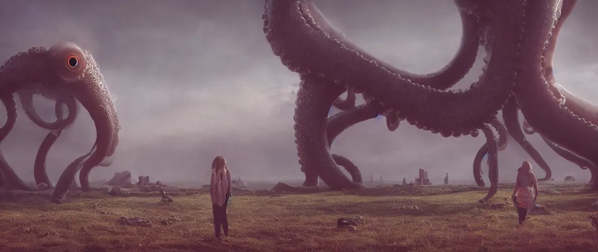 Prompt: the cephalopod monster eating humans by beeple , cinematic atmosphere, establishing shot