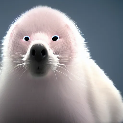 Image similar to white mink with nimbus of pink bacteria around the neck, unreal engine, starring at camera, matte background, high symmetry, 8k