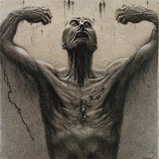 Prompt: darkness and evil overtakes a man raising his arms, beksinski