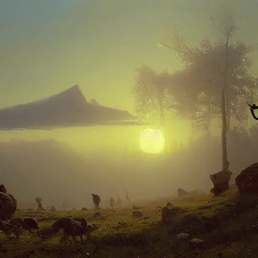 Prompt: an oil painting of a vivid apline tundra on a beautiful dawn by tuomas korpi carl spitzweg and greg rutkowski