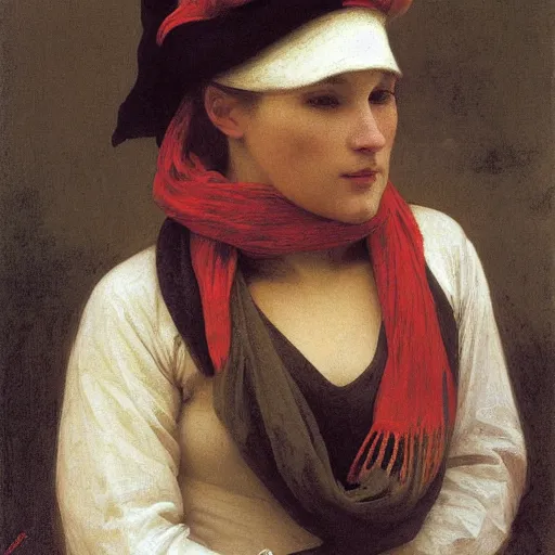 Image similar to A portrait of a fox wearing a scarf and a boater hat by Robert Cleminson and William-Adolph Bouguereau