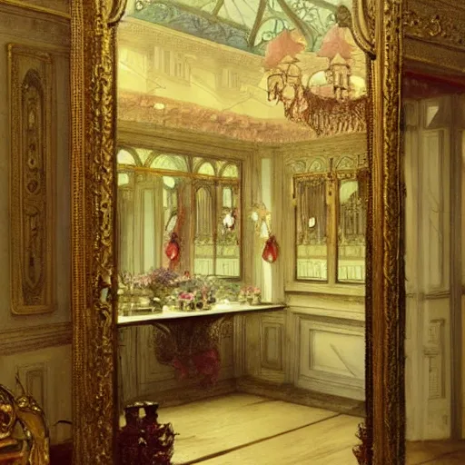 Image similar to a beautifull intricate watercolour painting of a victorian room with mirror, reflexions, verry high details by william turner art, greg rutkowski and alphonse mucha, trending on artstation, very very detailed, masterpiece, - h 7 0 4