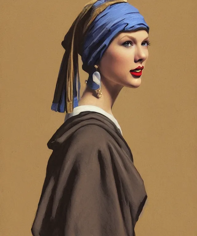 Image similar to Taylor Swift as the girl with the pearl earring, highly detailed, digital painting, artstation, concept art, smooth, sharp focus, illustration, ArtStation, art by artgerm and greg rutkowski and alphonse mucha and J. C. Leyendecker and Edmund Blair Leighton and Katsuhiro Otomo and Geof Darrow and Phil hale and Ashley wood and Ilya repin and Charlie Bowater