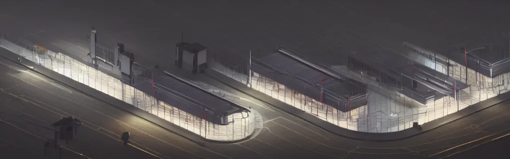 Prompt: an immaculate isometric octane redshift rendering of a futuristic train station at night in the fog. ambient occlusion. volumetric lighting.