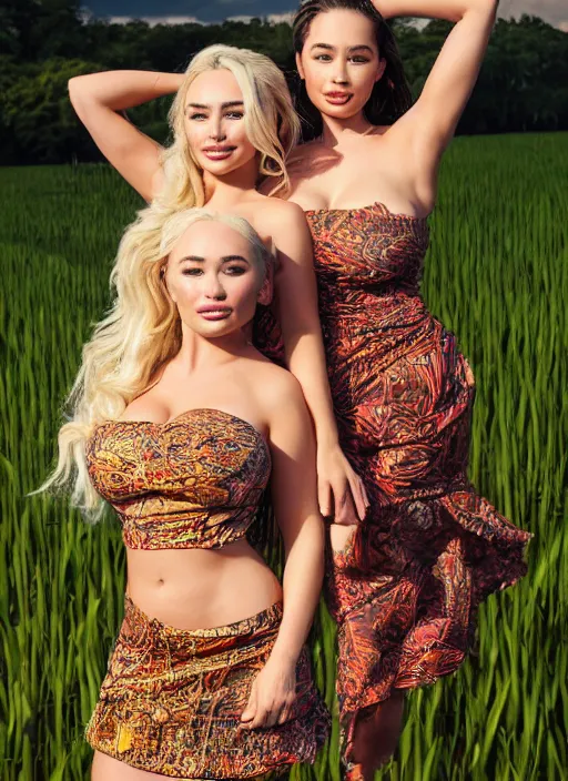 Image similar to portrait of lindsey pelas and emilia clarke wearing batik tube top in a paddy field, by charlotte grimm, studio light, detailed face, canon eos c 3 0 0, ƒ 1. 8, 3 5 mm, 8 k, medium - format print, half body shot