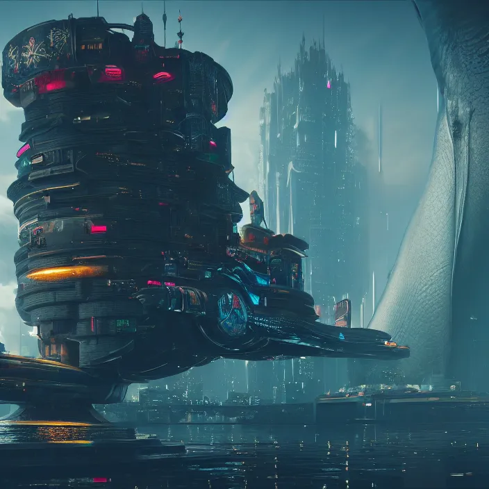 Image similar to A cyberpunk castle sitting on a whale, hard sci-fi,global illumination, physically based rendering, photoreal, small details, intricate, science fiction fantasy