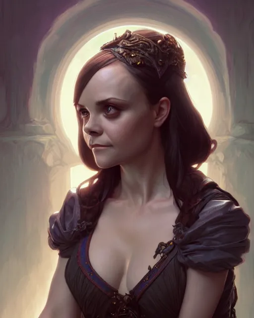 Image similar to Christina Ricci (2000), D&D, fantasy, intricate, elegant, highly detailed, digital painting, artstation, concept art, matte, sharp focus, illustration, hearthstone, art by Artgerm and Greg Rutkowski and Alphonse Mucha