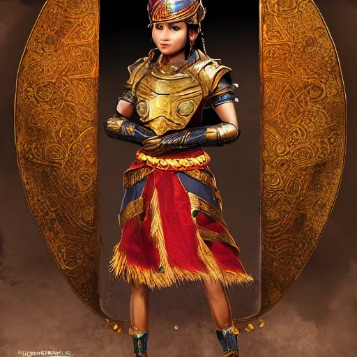 Prompt: a full body picture of a young beautiful nepali lady wearing armour, highly detailed, cinematic lighting, hyperrealistic, 4 k, digital art