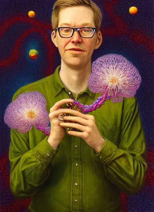 Prompt: hyper detailed 3d render like a Oil painting - friendly portrait of author Hank Green in Aurora (Singer) seen Eating of the Strangling network of yellowcake aerochrome and milky Fruit and Her delicate Hands hold of gossamer polyp blossoms bring iridescent fungal flowers whose spores black the foolish stars by Jacek Yerka, Mariusz Lewandowski, Houdini algorithmic generative render, Abstract brush strokes, Masterpiece, Edward Hopper and James Gilleard, Zdzislaw Beksinski, Wolfgang Lettl, hints of Yayoi Kasuma, octane render, 8k