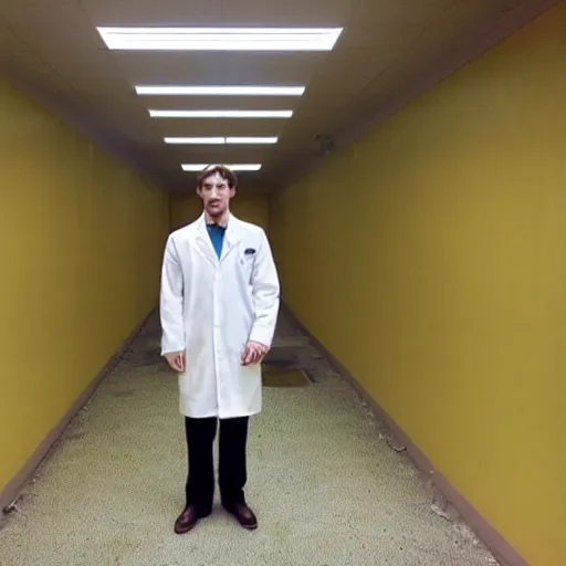 Prompt: flash low quality photograph of a male scientist wearing a lab coat standing lost in the backrooms, mustard - yellow old moldy moist carpet room, empty liminal space, very dark shadows, broken fluorescent lighting, horror movie scene, film grain