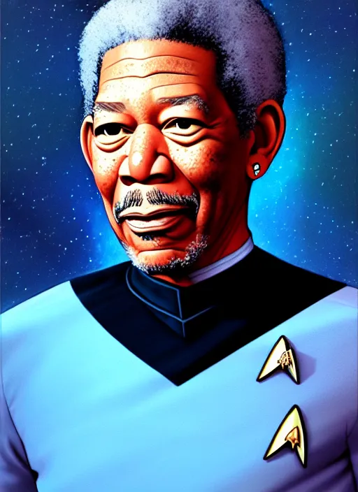 Prompt: cute star trek officer morgan freeman, natural lighting, path traced, highly detailed, high quality, digital painting, by don bluth and ross tran and studio ghibli and alphonse mucha, artgerm