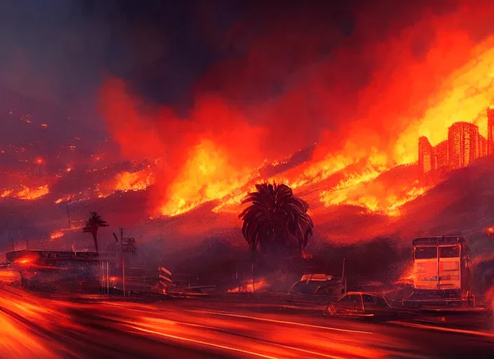 Image similar to beautiful and terrible fires of los angeles, atmoshperic, sharp focus, down road, ghotic, huge lips, trending on artstation, intricate details