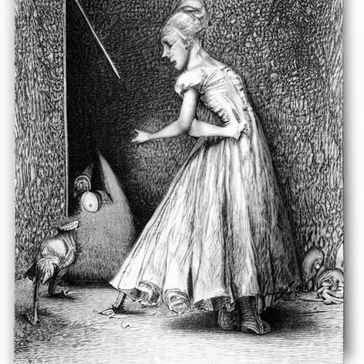 Image similar to Alice in Wonderland, portrait, realistic, very realistic, illustration by Gustave Doré