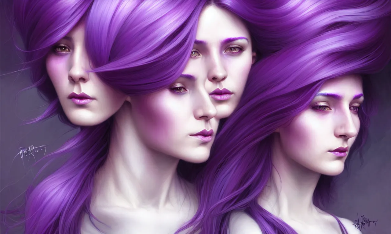 Image similar to Purple hair relistic Portrait of a two woman with bright colored flying hair, all shades of purple. Beauty face, Hair coloring, fantasy, intricate, elegant, highly detailed, digital painting, artstation, concept art, smooth, sharp focus, illustration, art by artgerm and greg rutkowski and alphonse mucha