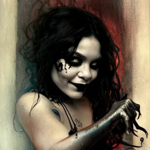 Image similar to beautiful portrait of vanessa hudgens as death from sandman, smiling, by cedric peyravernay, alphonse mucha, by jeremy mann, by lecouffe deharme, goth chic, soft lightning, eyeliner, punk rock, high detailed, 8 k