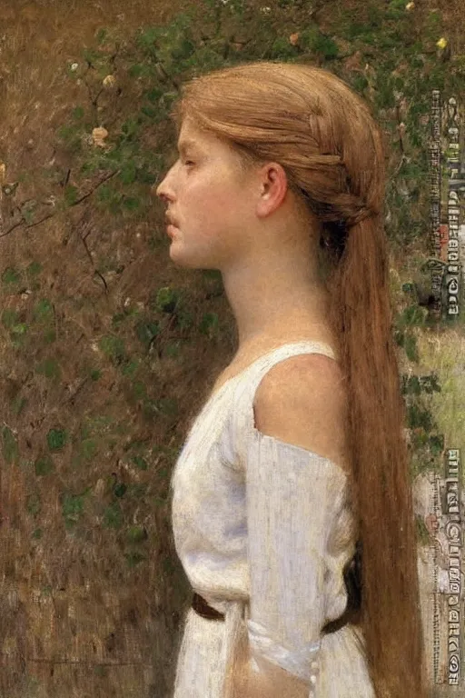 Prompt: profile of blonde girl looking down, braided hair, white dress, side view, before a stucco wall, soft light, jules bastien - lepage