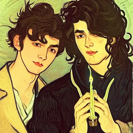 Image similar to painting of young cute handsome beautiful dark medium wavy hair man in his 2 0 s named shadow taehyung and cute handsome beautiful min - jun together at the halloween! party, bubbling cauldron!, candles!, smoke, autumn! colors, elegant, wearing suits!, clothes!, delicate facial features, art by alphonse mucha, vincent van gogh, egon schiele