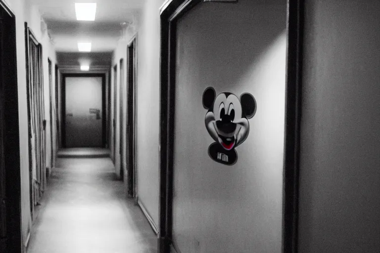 Image similar to a photo of a very long backrooms hallway with a creepy looking mickey mouse at the end of the hallway, staring with an evil grin, dark, horror, detailed